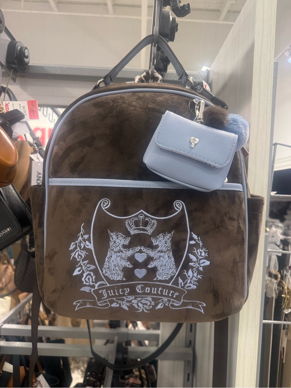 Juicy Couture Brown velour Backpack with Light Blue Accent and bag Charm